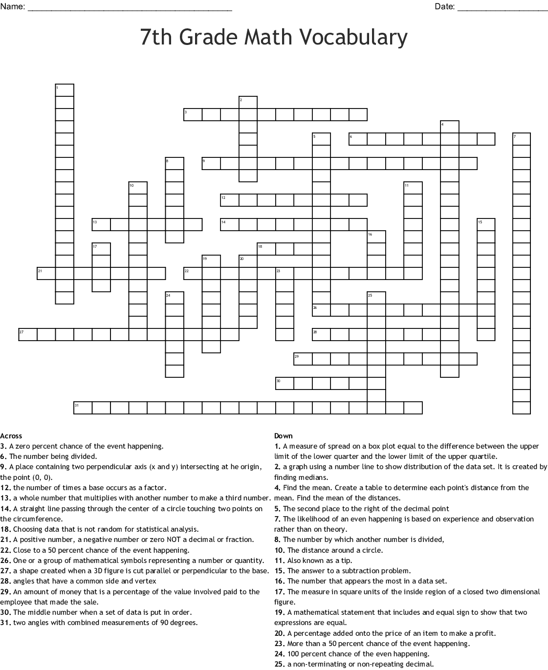 Printable Crossword Puzzles For Grade 7