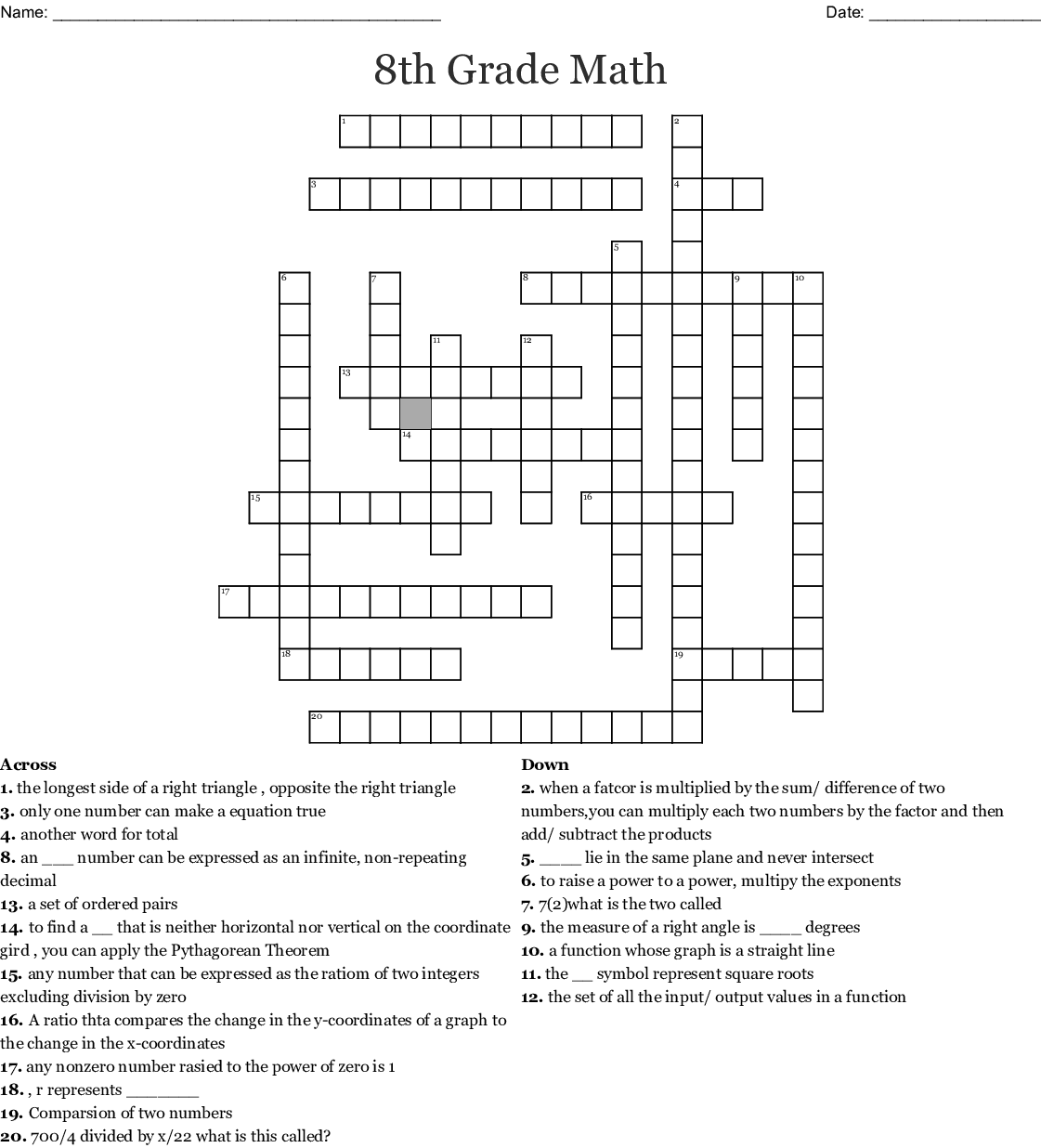 Printable Crossword Puzzles For 8th Graders