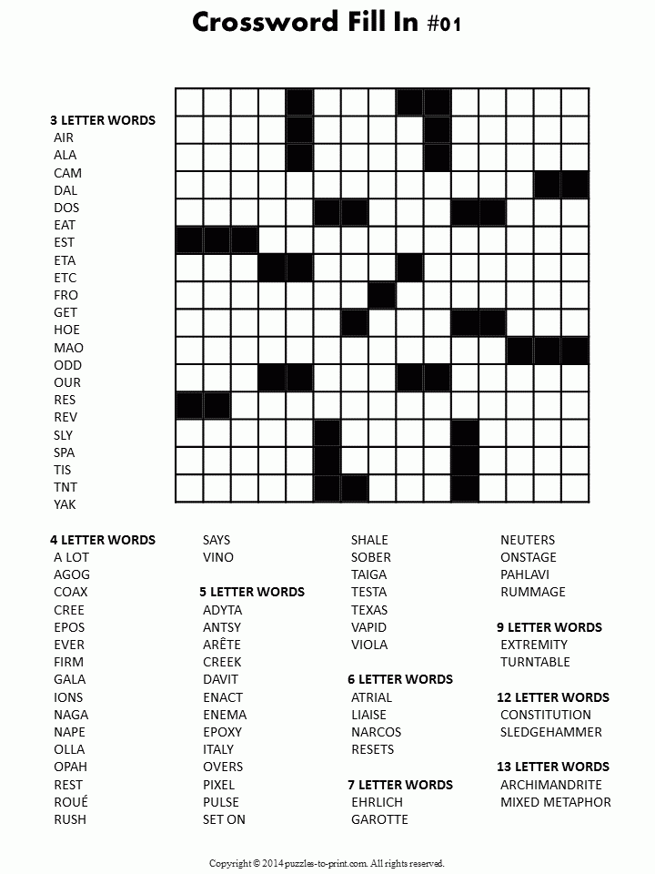 Printable Crossword Fill In Puzzles
