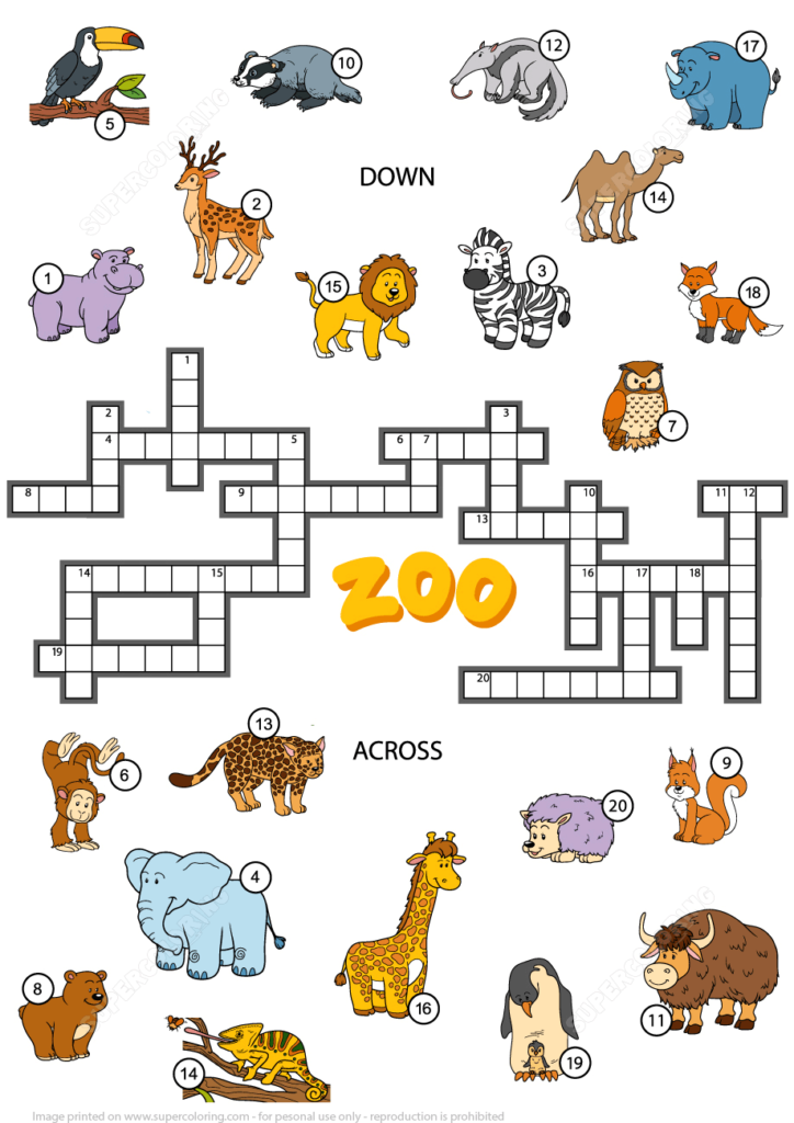 Crossword Puzzle About Zoo Animals Free Printable Puzzle