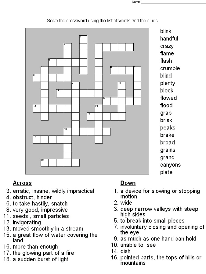 Crossword Printable 5th Grade