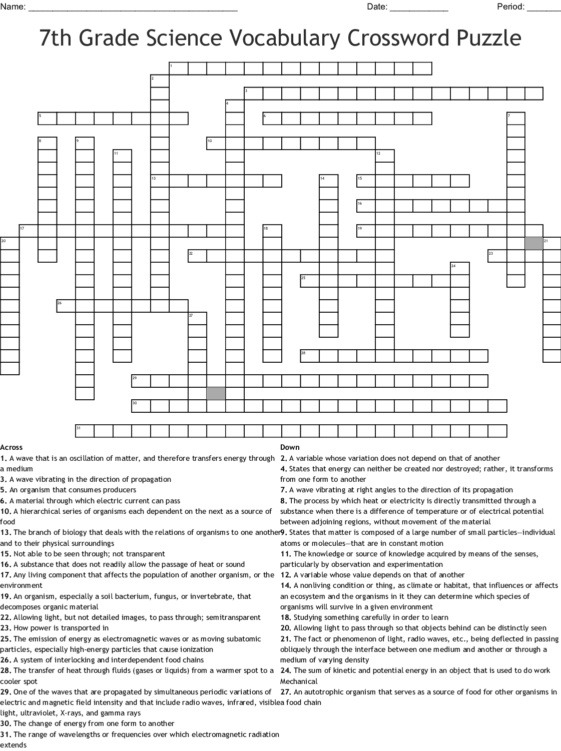 Crossword Printable 7th Grade