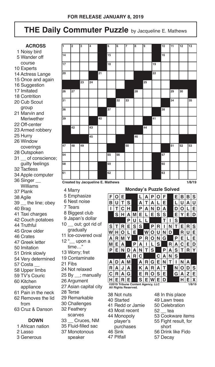 Free Daily Printable Crossword Puzzles January 2020