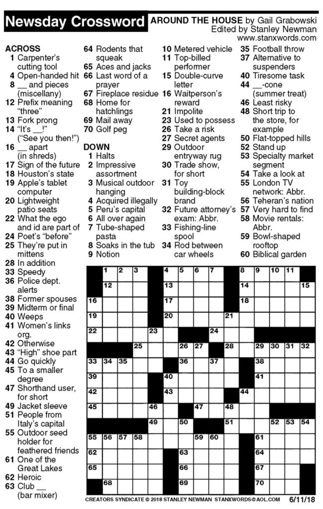 Newsday Crossword Puzzle For Jun 12 2018 Stanley Newman