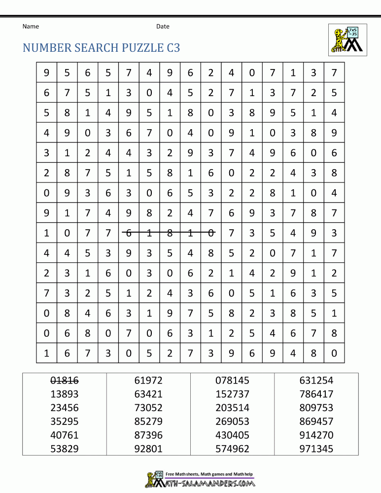 Free Printable Number Search Puzzles