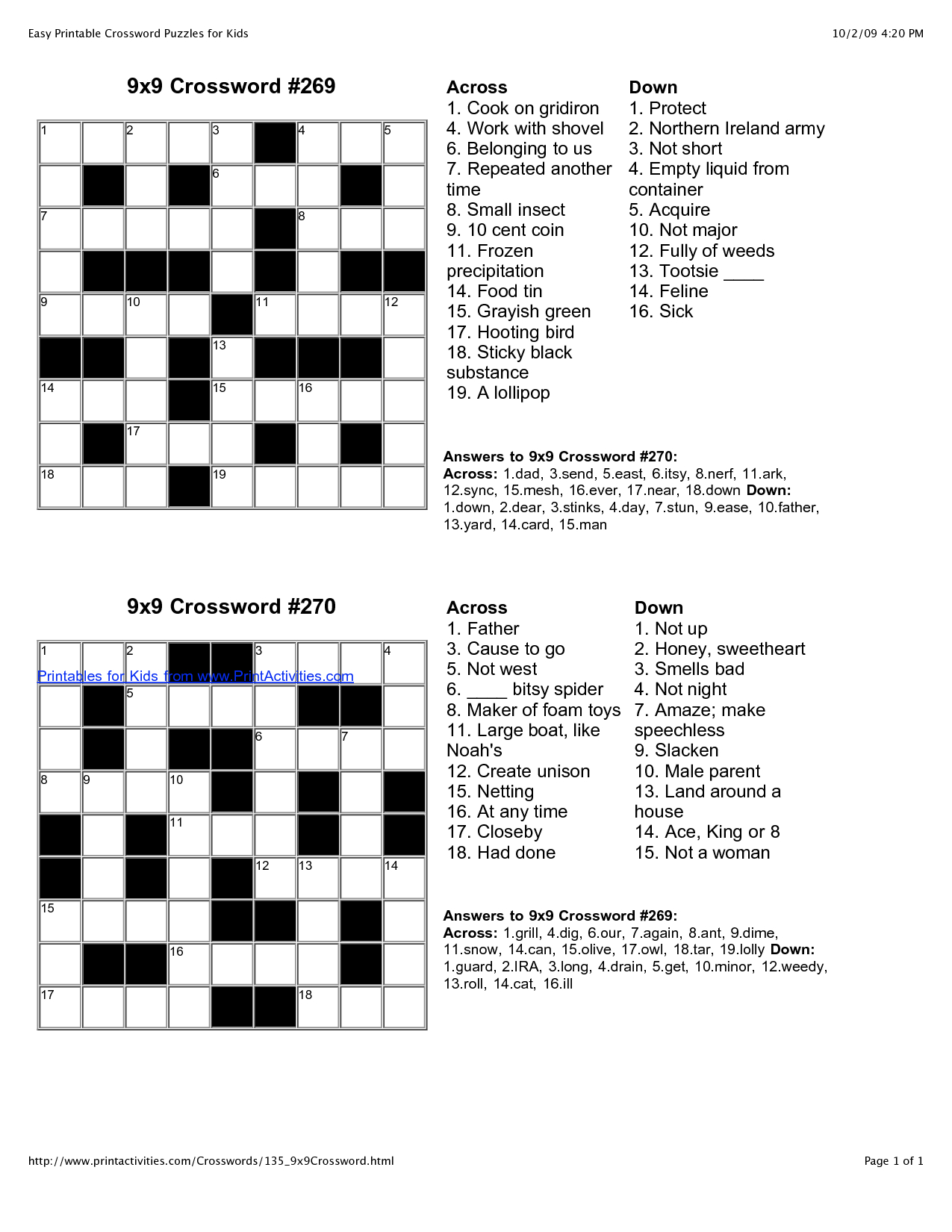 Printable Crossword For 8 Year Olds