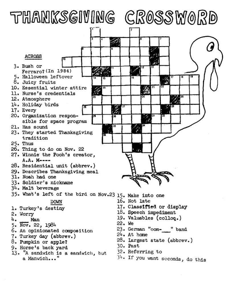 Printable Thanksgiving Crossword Puzzles