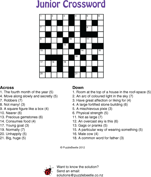 Printable Crossword For 10 Year Olds