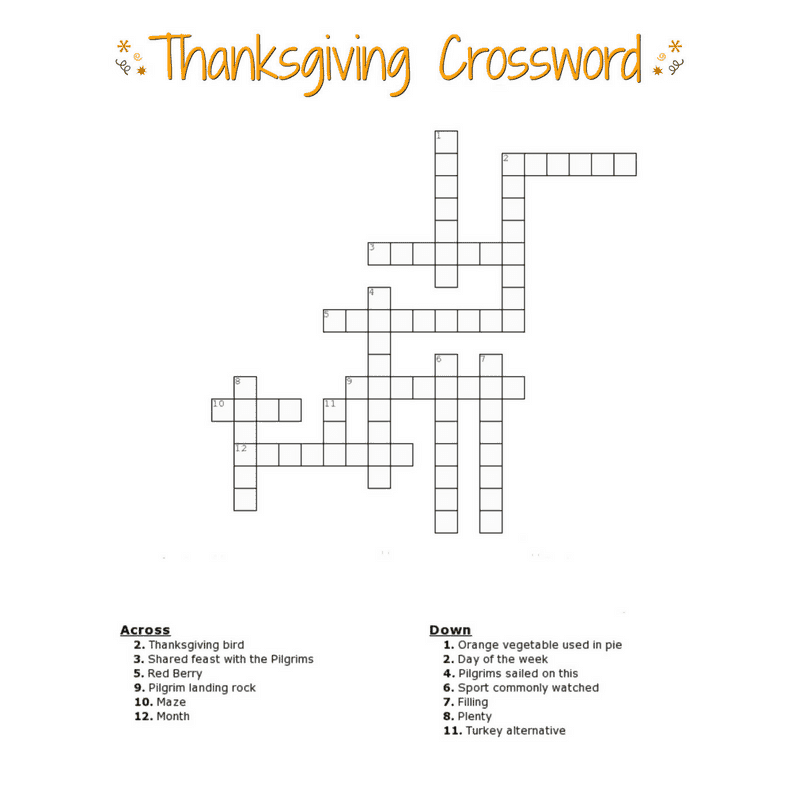 Thanksgiving Crossword Puzzle FREE Printable For Kids Or