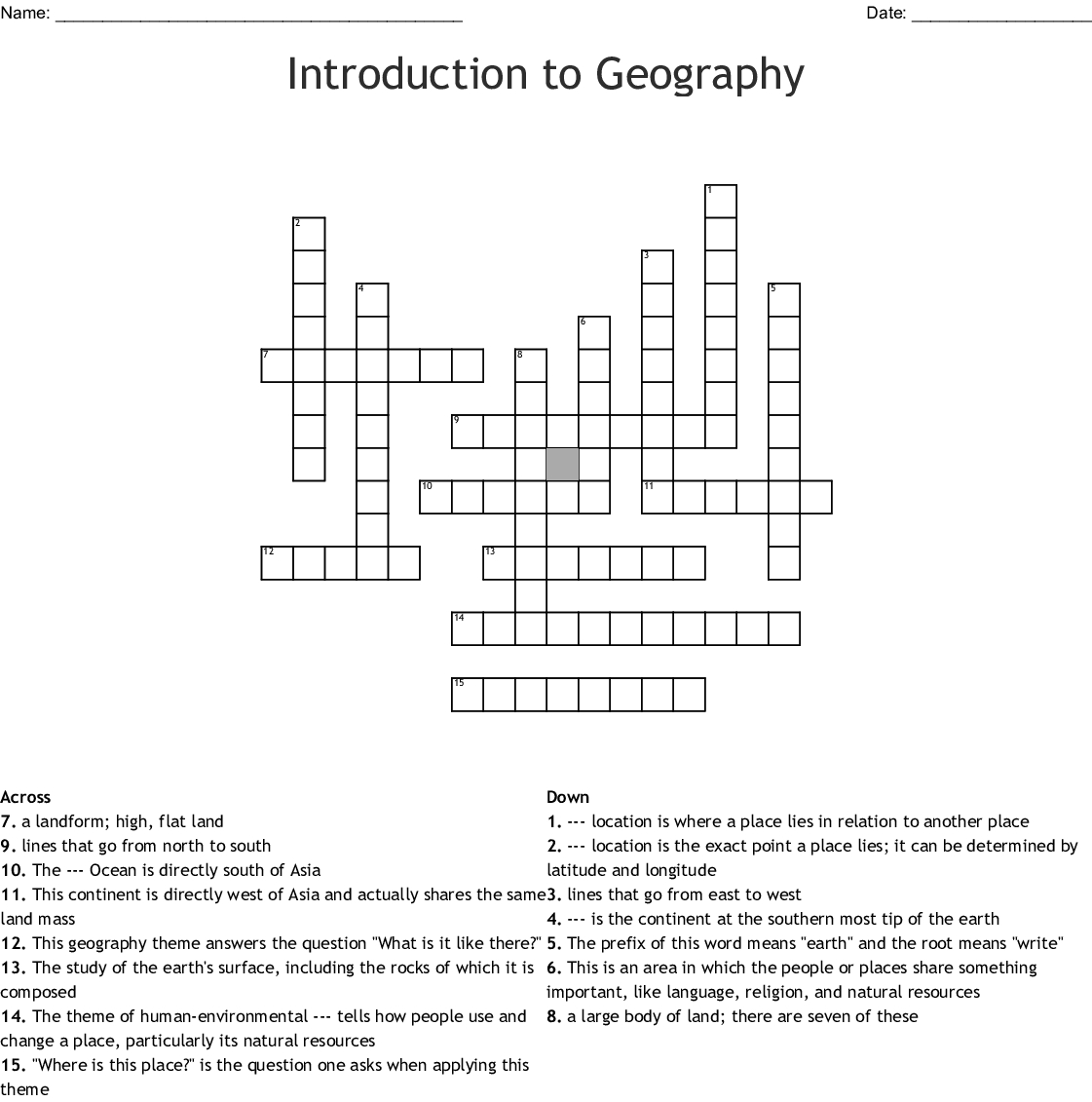 Printable Geography Crossword