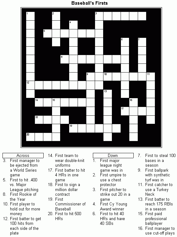 Baseball Crossword Puzzles Printable Free