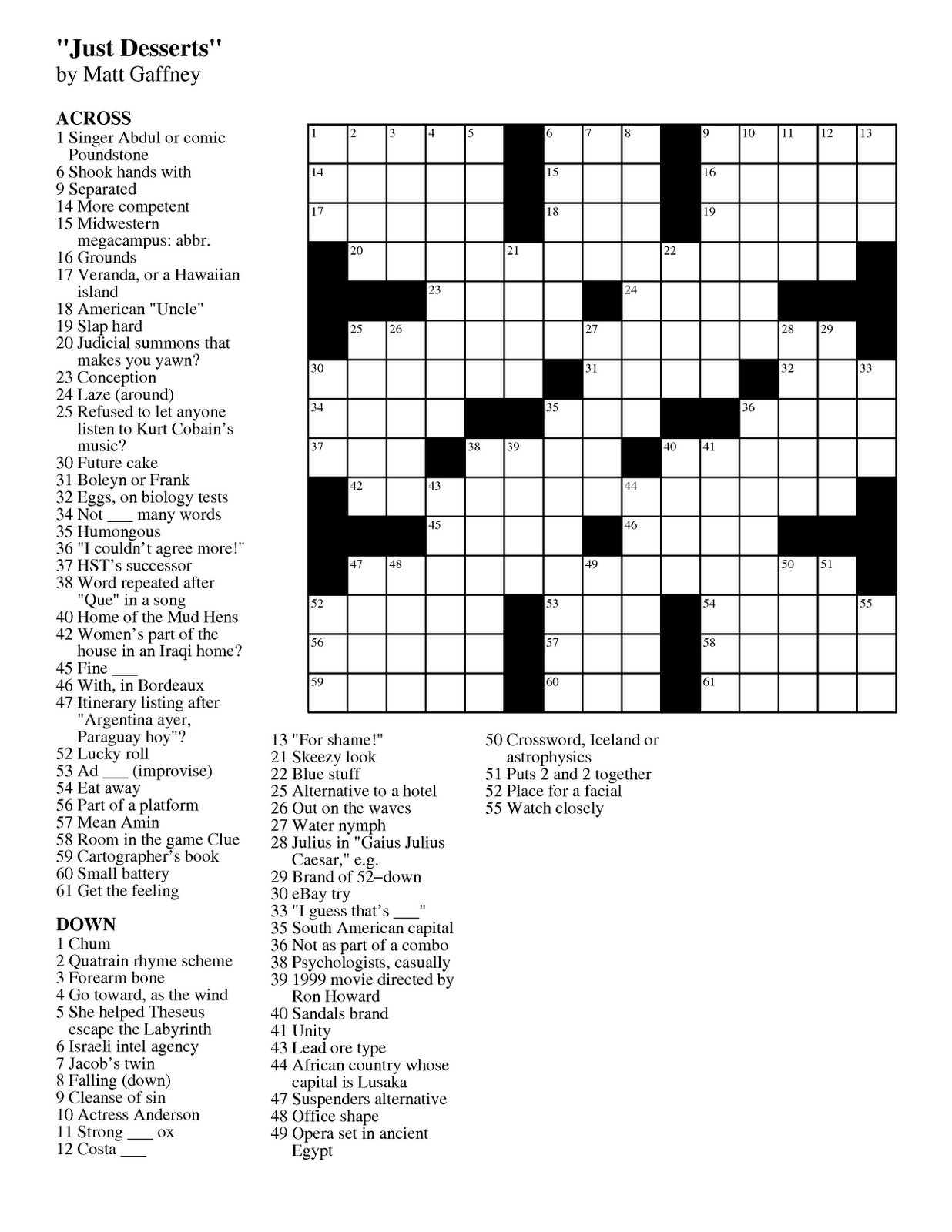 Printable Crossword Puzzles Free Online