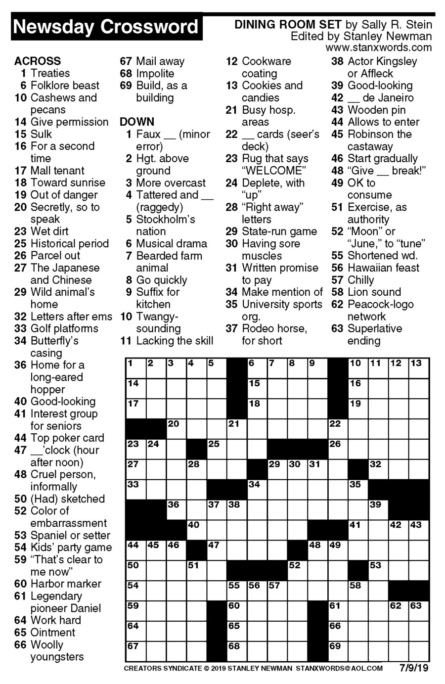 Free Daily Printable Crossword Puzzles July 2019