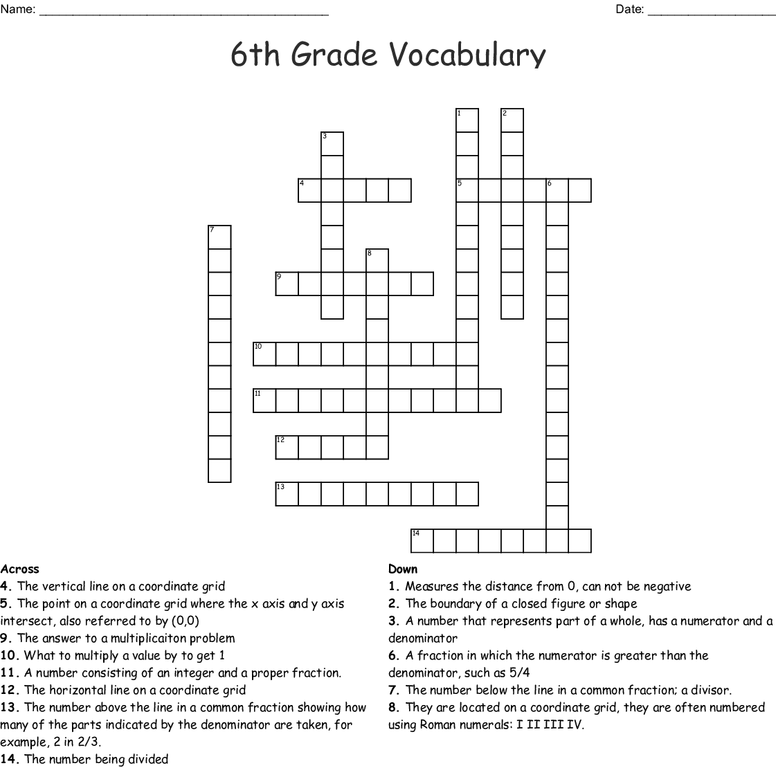 Printable Crossword Puzzles For 6th Grade