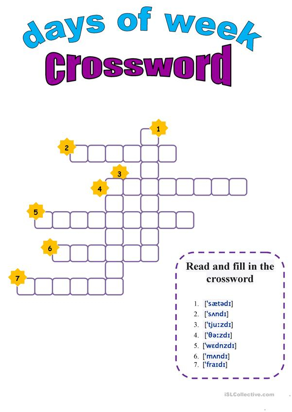 Days Of The Week Crossword Worksheet Free ESL Printable