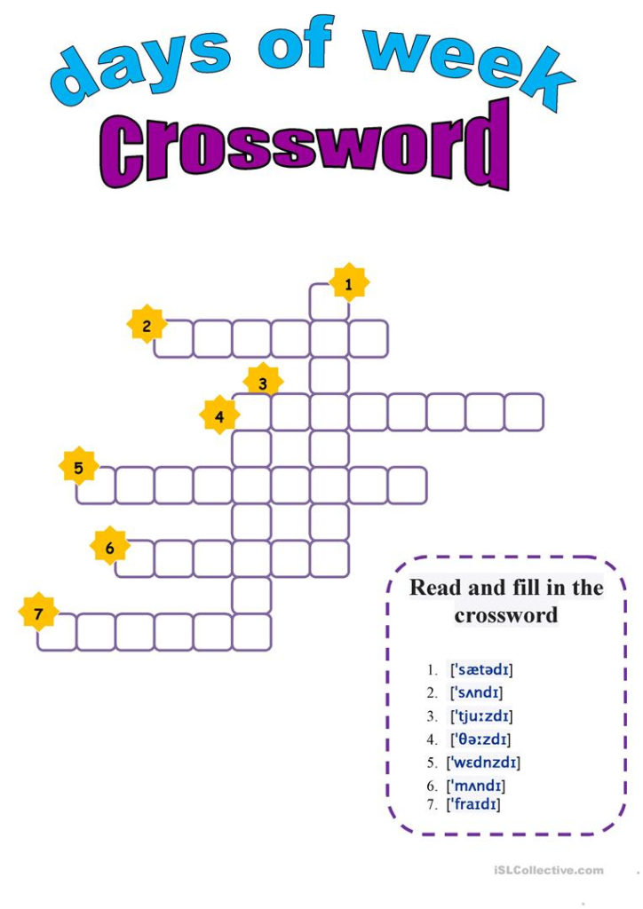 Days Of The Week Crossword Worksheet Free ESL Printable