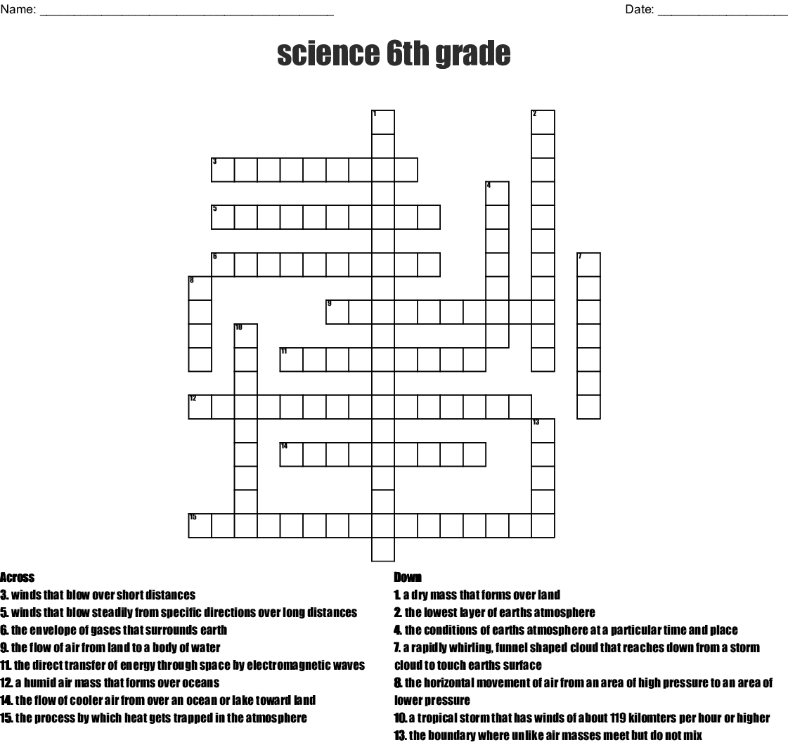 Printable Crossword Puzzles For 6th Grade