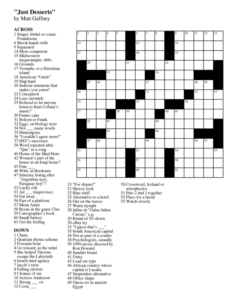 Free Large Print Crossword Puzzles Online Printable