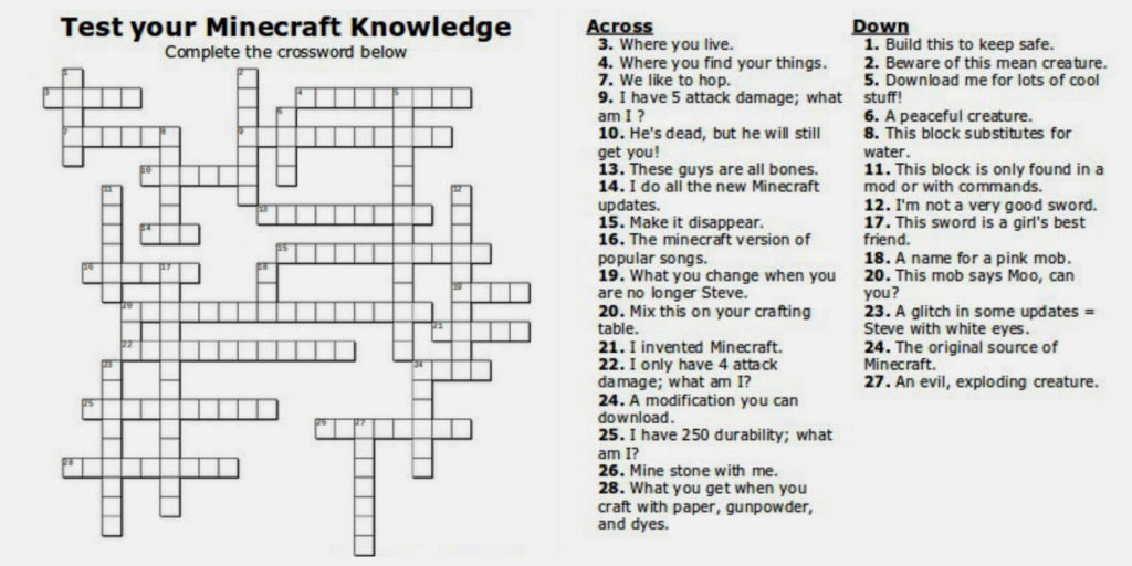 Free Printable Minecraft CrossWord Search Test Your