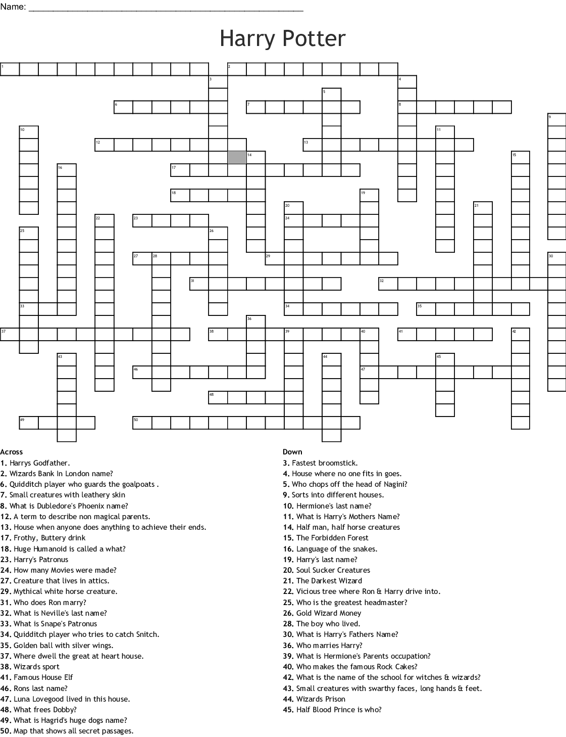 Harry Potter Crossword Puzzle Printable Printable Crossword Puzzles
