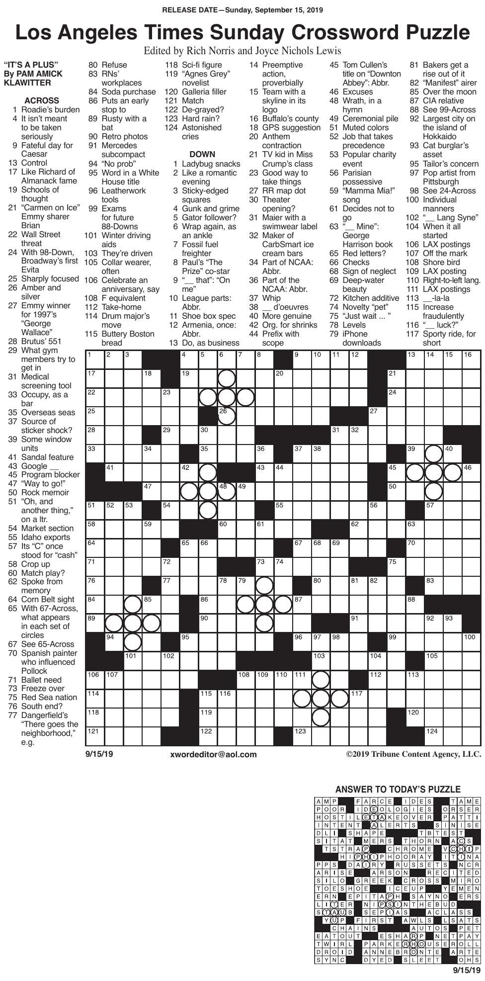 Free Printable Crossword Puzzles La Times