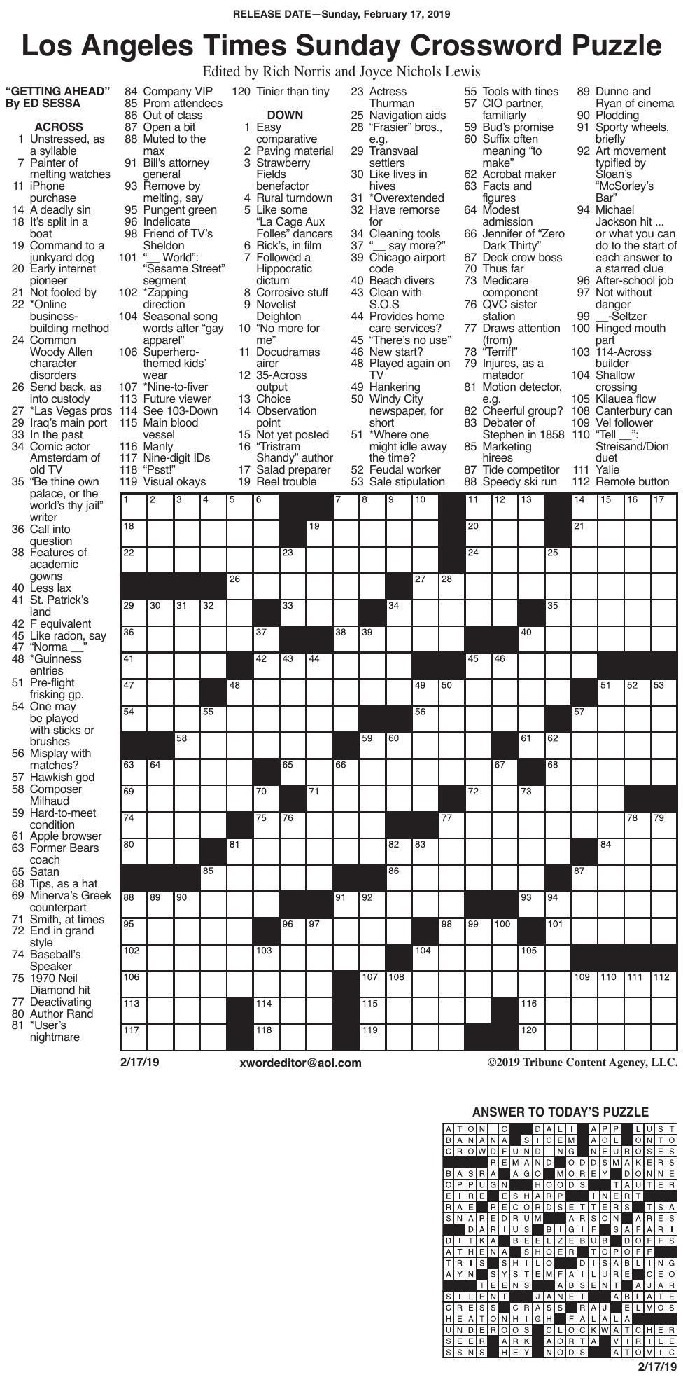 los angeles times sunday crossword puzzle features printable free