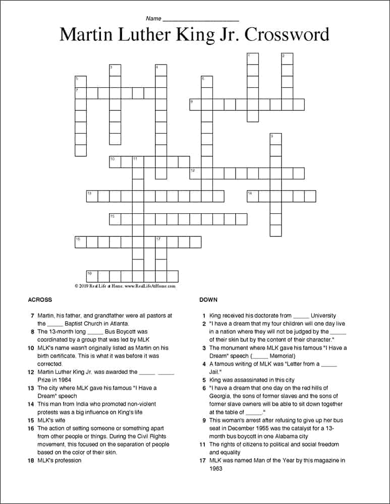 Martin Luther King Jr Crossword Puzzle Free Printable For Kids