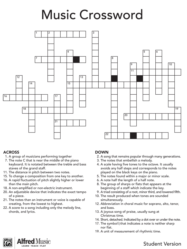 Printable Crossword Puzzles About Music