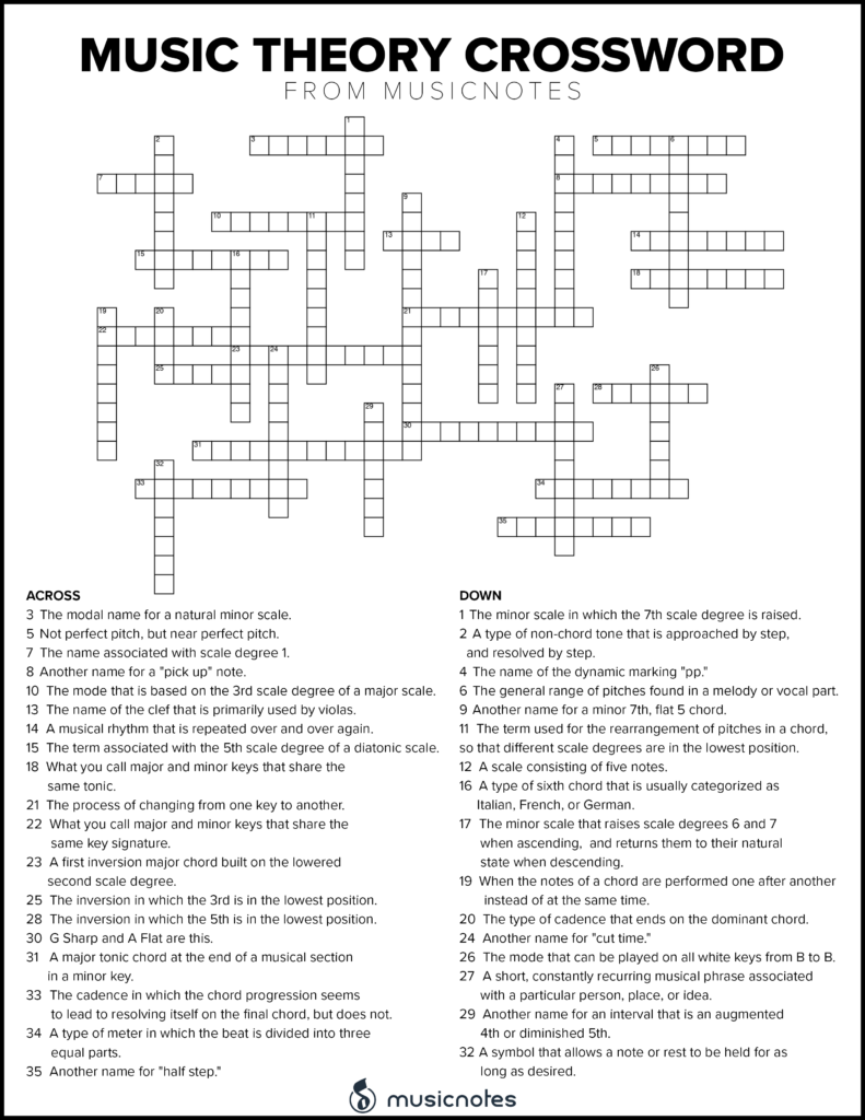 Musical Crossword Puzzles With Free Printables With