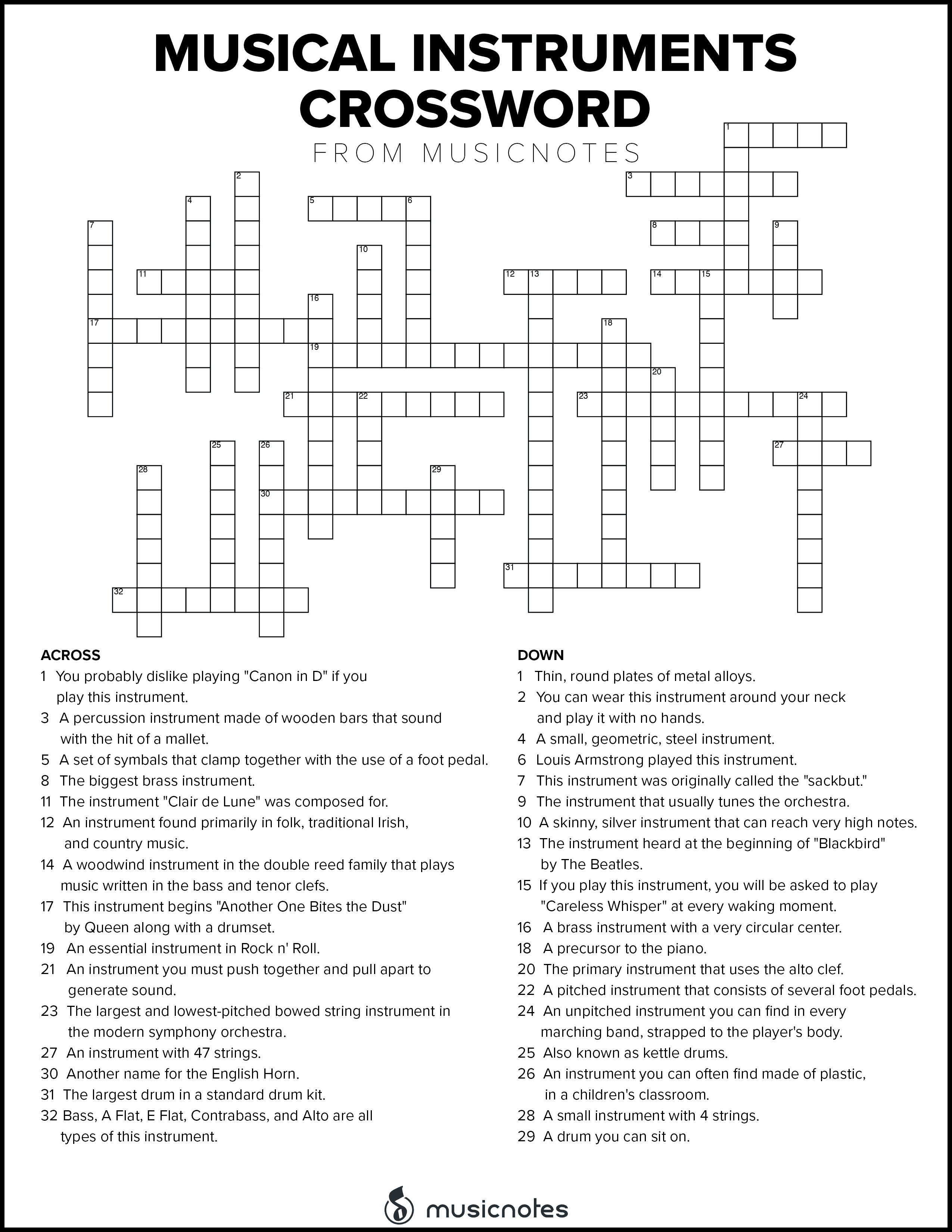 Printable Music Crossword