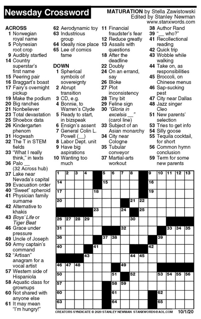 Newsday Crossword Puzzle For Oct 01 2020 By Stanley