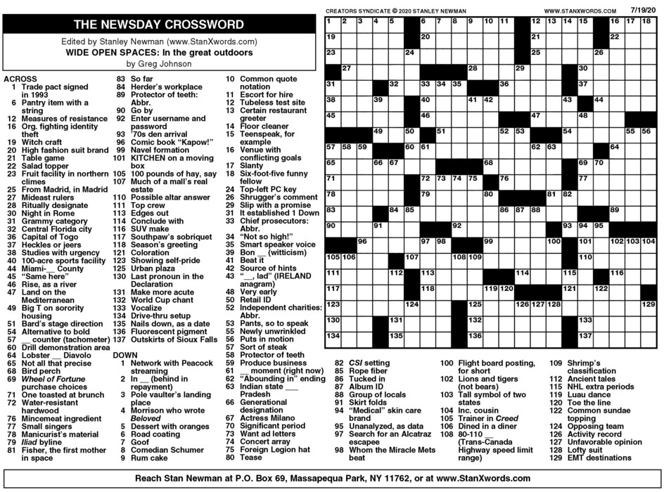 Newsday Crossword Sunday For Jul 19 2020 By Stanley Printable Crossword Puzzles Online