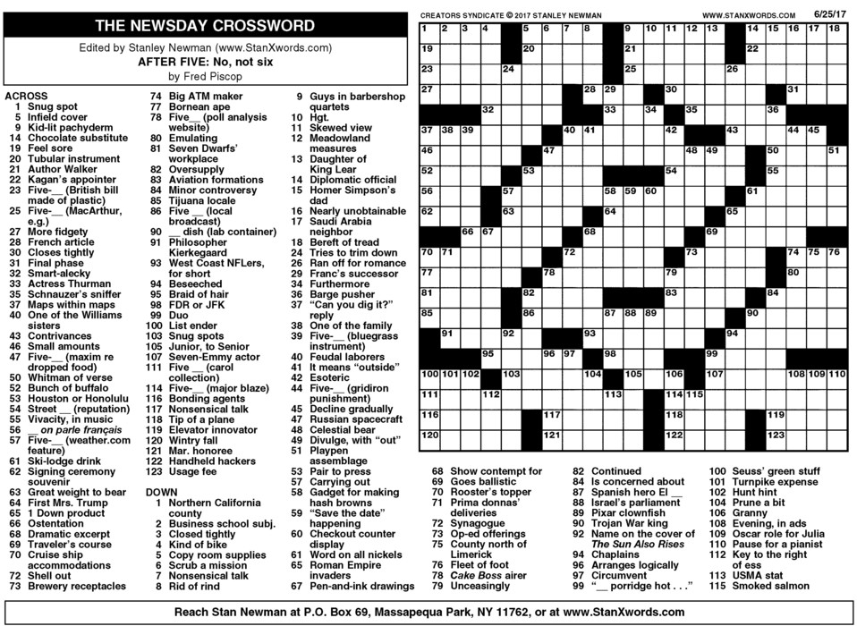 Newsday Crossword Sunday For Jun 25 2017 By Stanley Prnt