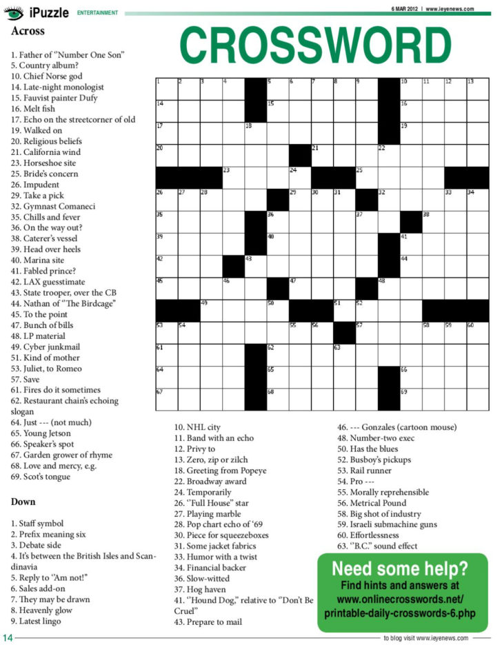 Free Printable Daily Crossword Puzzles