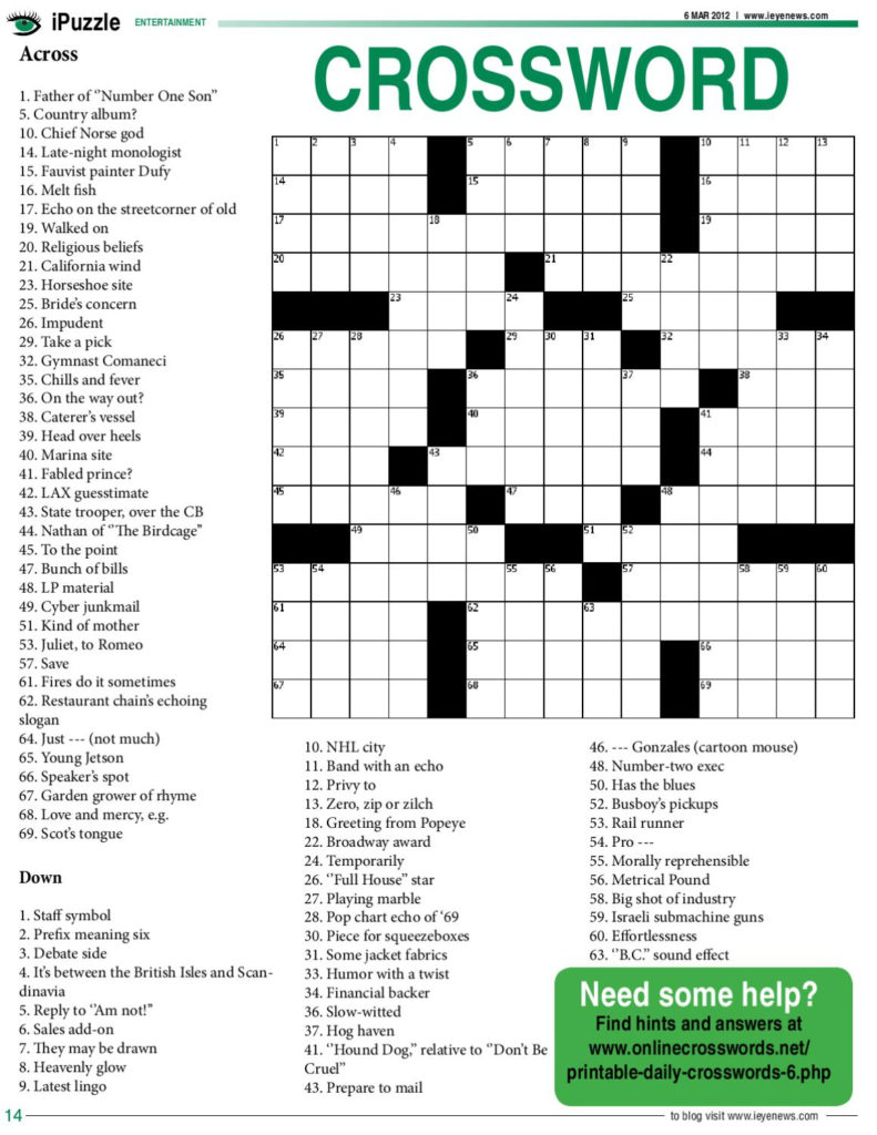 Free Printable Daily Crossword Puzzles October 2016 Printable Daily 