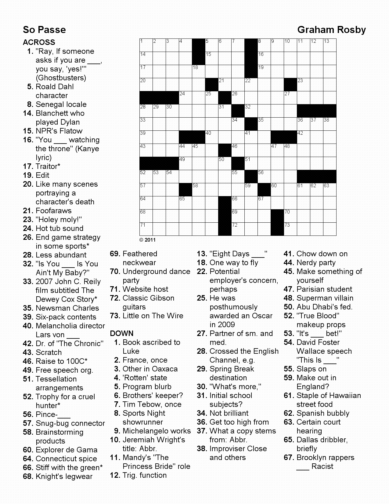 Printable Crossword Puzzles Pop Culture