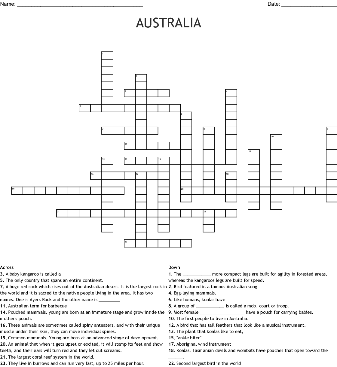 Printable Crossword Australia