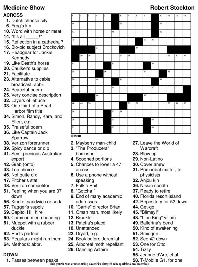 Printable Crossword Puzzles Solutions Printable