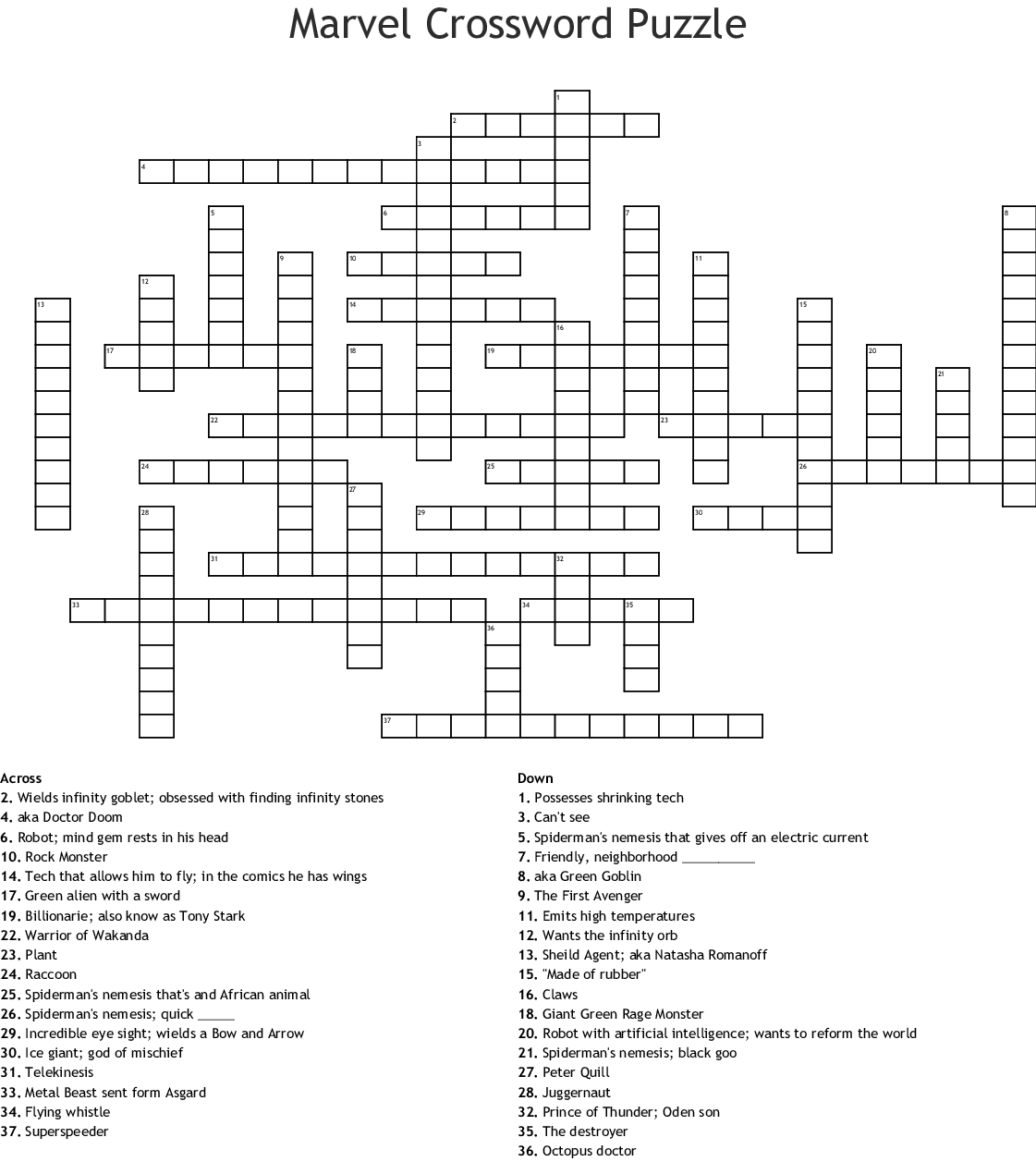 Printable Crossword Puzzles Marvel