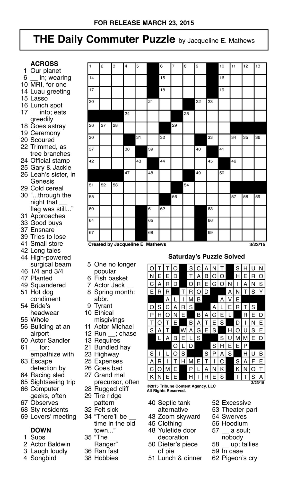 Sample Of THE Daily Commuter Puzzle Tribune Content Printable