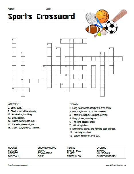 Sports Crossword Puzzle AllFreePrintable