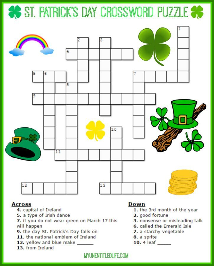 St Patrick's Day Crossword Puzzle Printable For Adults