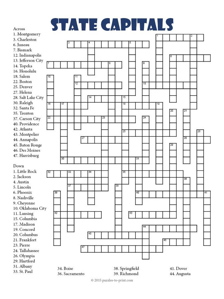 Printable 50 States Crossword Puzzles