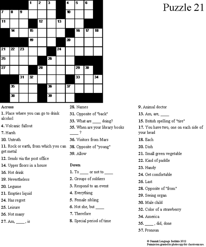 Printable Crossword Puzzles For English Language Learners