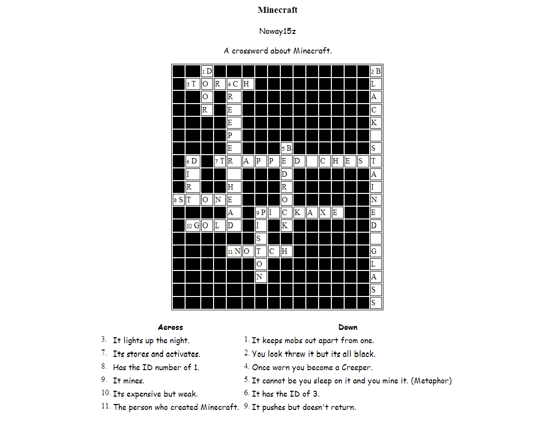 Minecraft Crossword Puzzle Printable