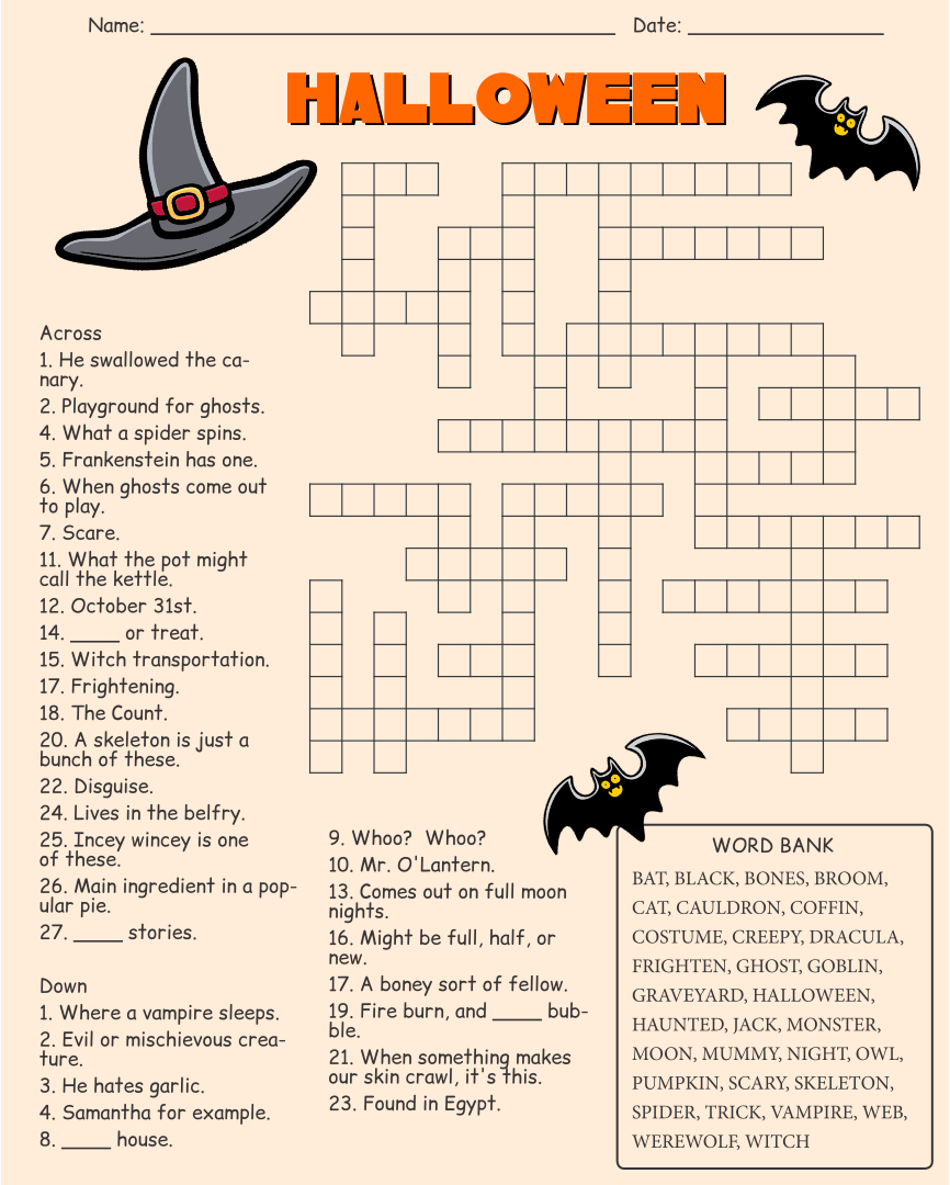 Free Printable Halloween Crossword