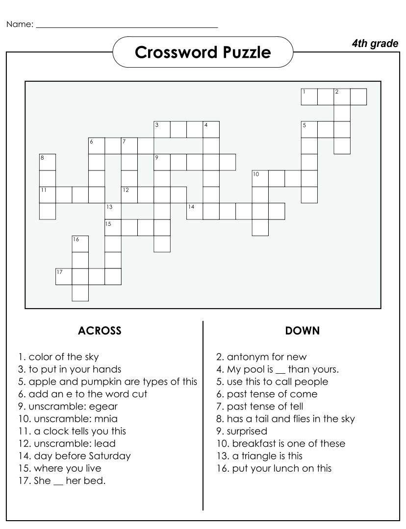 Printable 4th Grade Crossword Puzzles