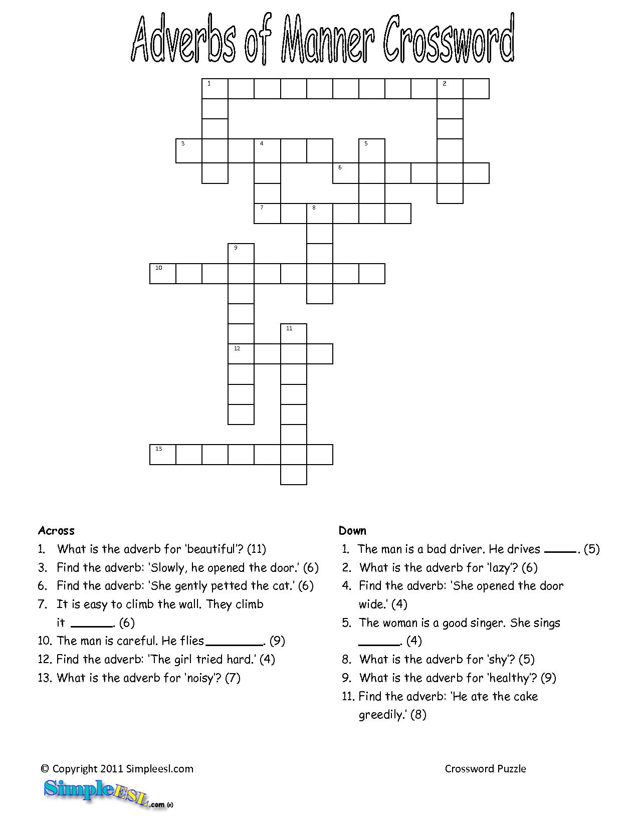 Adverb Crossword Puzzle Printable