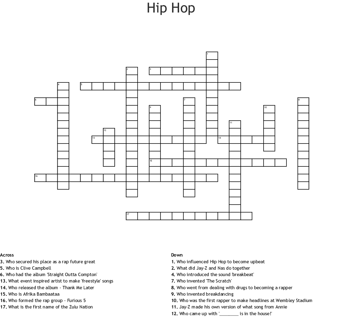 Hip Hop Crossword Puzzles Printable
