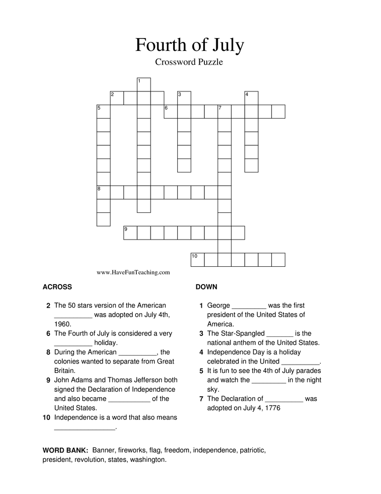 4th Of July Crossword Puzzle Have Fun Teaching